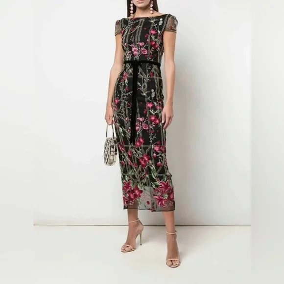 Marchesa Notte Short-Sleeve Beaded Embroidered Tea Length Gown - Black - 8